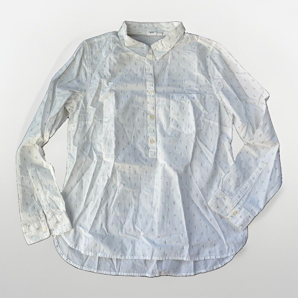 GAP Women White Metallic Silver Clip Top Popover Henley Pocket Shirt Size M
